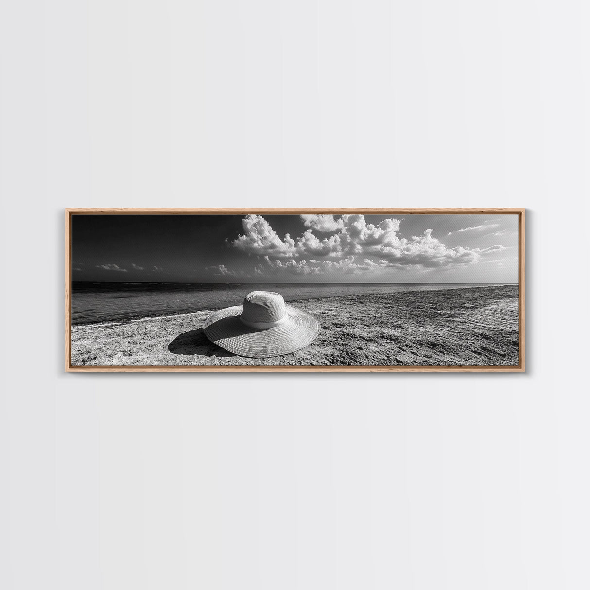 Beach Hat Scene, Coastal Escape, Sunny Seaside Moment, Framed Canvas Print, Modern Boho Bedroom Art, Summer Inspired Wall Decor