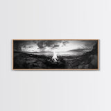 Seaside Fire, Coastal Camp, Black White, Night Shore, Framed Canvas Print, Fall decor, rustic outdoor art, cozy cabin wall art, man cave