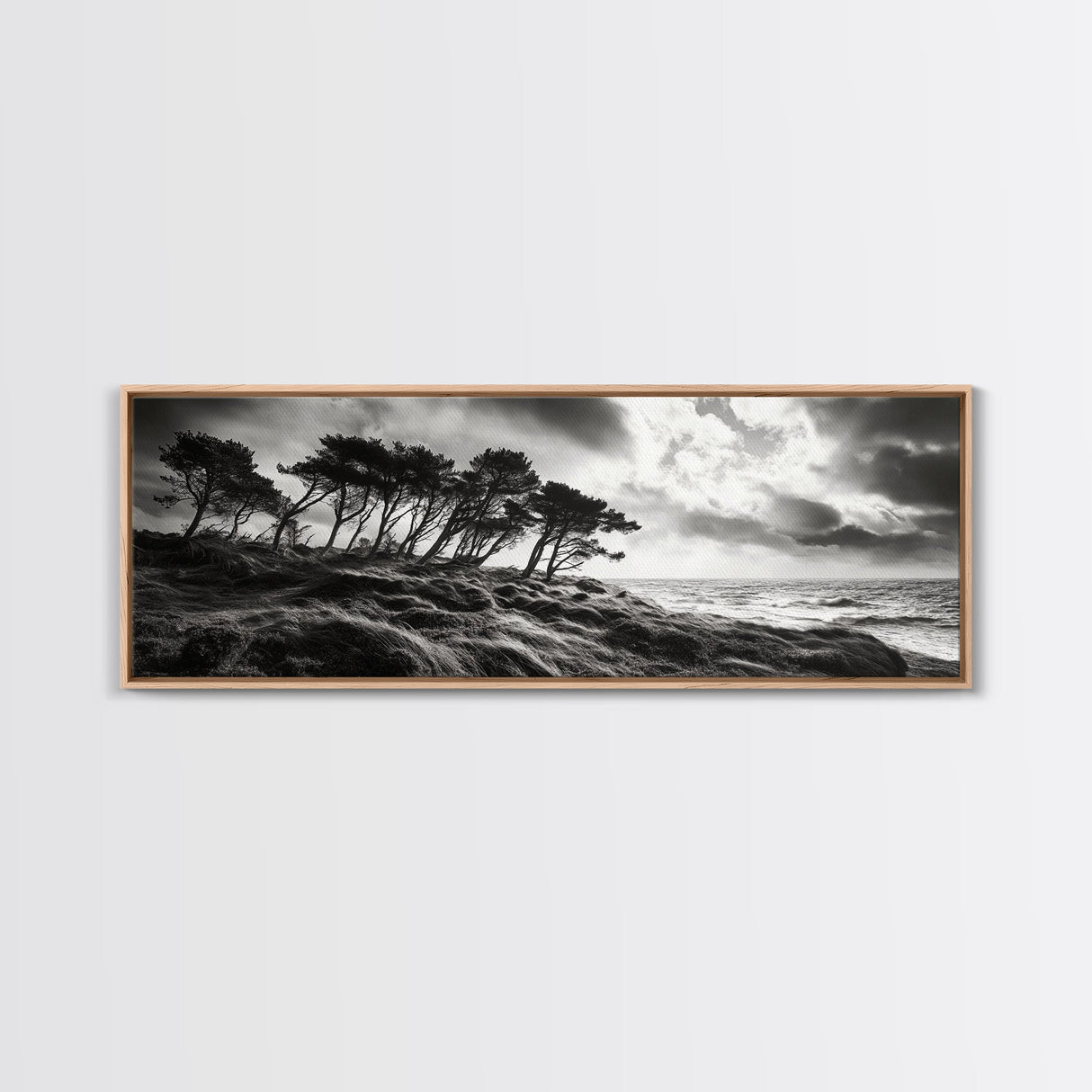 Windswept Pines, Stormy Sea, Moody Coastal Scene, Framed Canvas Print, Rustic Nature Decor, Bedroom Wall Art, Autumn Vibes