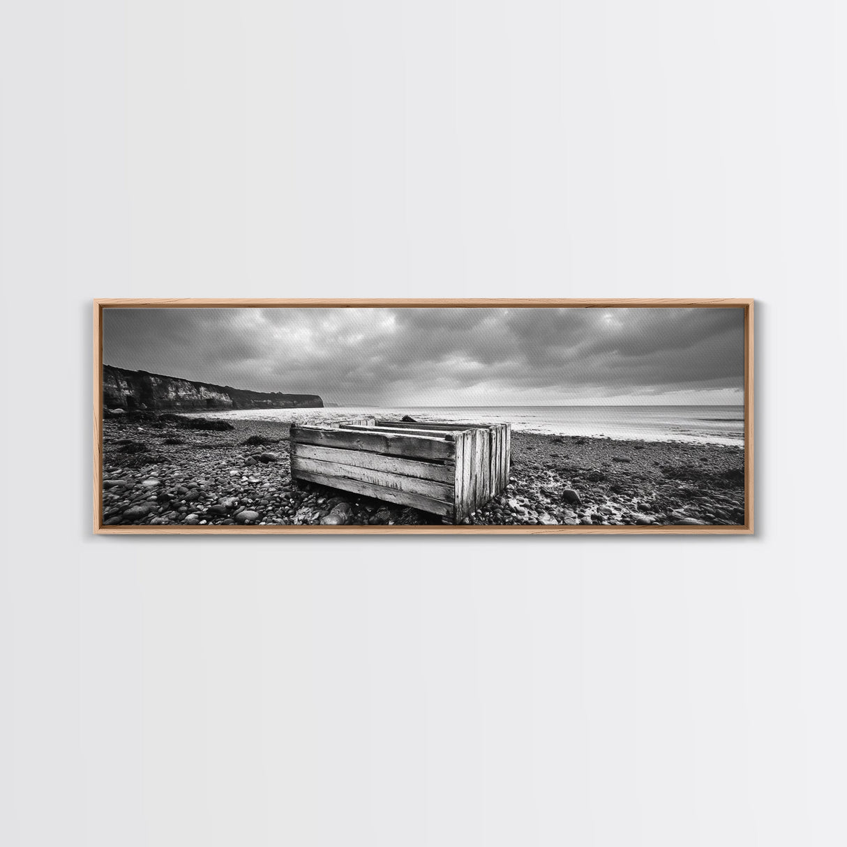 Rocky Beach, Driftwood Crate, Stormy Sky Seascape, Framed Canvas Print, Coastal Rustic Decor, Bathroom Wall Art, Monochrome Style