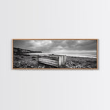 Rocky Beach, Driftwood Crate, Stormy Sky Seascape, Framed Canvas Print, Coastal Rustic Decor, Bathroom Wall Art, Monochrome Style