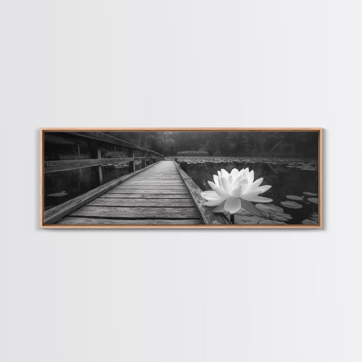 Water Lily, Peaceful Pond, Wooden Dock, Framed Canvas Print, Zen Wall Art, Meditation Room Decor, Black and White Nature Art