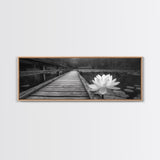 Water Lily, Peaceful Pond, Wooden Dock, Framed Canvas Print, Zen Wall Art, Meditation Room Decor, Black and White Nature Art