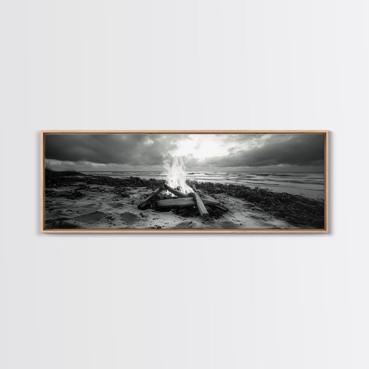 Driftwood Fire, Coastal Sky, Ocean Mood, Fall Campfire, Framed Canvas Print, rustic lake decor, bohemian fireplace art, nature wall accent