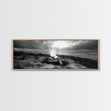 Driftwood Fire, Coastal Sky, Ocean Mood, Fall Campfire, Framed Canvas Print, rustic lake decor, bohemian fireplace art, nature wall accent