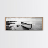 Canoe Shore, Coastal Calm, Nature Paddle, Tranquil Waters, Canvas Print, minimalist outdoor art, boho lake decor, living room wall piece