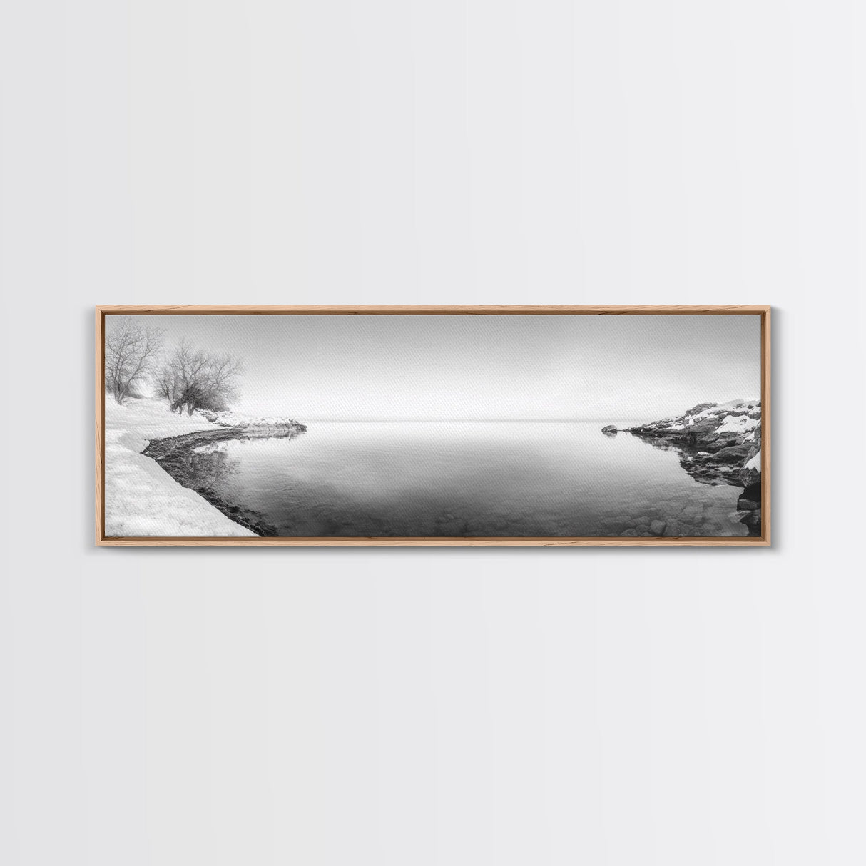 Winter Lake Reflection, Minimal Snow Scene, Bare Trees, Serene Water, Framed Canvas Print, Nordic Minimalist Art, Bedroom Wall Decor