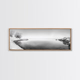 Winter Lake Reflection, Minimal Snow Scene, Bare Trees, Serene Water, Framed Canvas Print, Nordic Minimalist Art, Bedroom Wall Decor