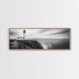 Lighthouse Serenity, Coastal Fog, Ocean Horizon, Canvas Print, Black and White Decor, Office Wall Art, Nautical Theme, Moody Photography