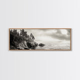 Windy Pines, Rocky Shoreline, Ocean Wilderness, Canvas Print, Vintage Nature Photography, Hallway Wall Art, Outdoor Adventure Vibe