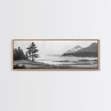 Foggy River Valley, Evergreen Mountains, Morning Mist Landscape, Framed Canvas Print, Tranquil Bedroom Art, Nature Inspired Decor