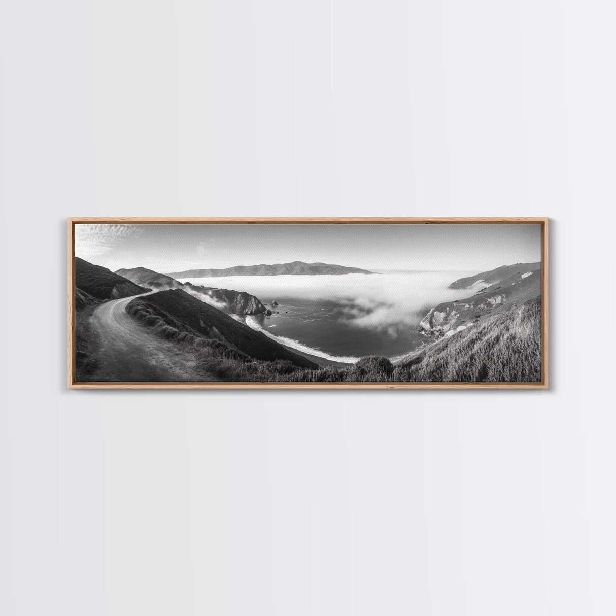 Mountain Road, Foggy Ocean View, Cliffside Drive, Framed Canvas Print, Scenic Wall Decor, Travel Photography, Modern Minimalist Art
