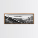Mountain Road, Foggy Ocean View, Cliffside Drive, Framed Canvas Print, Scenic Wall Decor, Travel Photography, Modern Minimalist Art