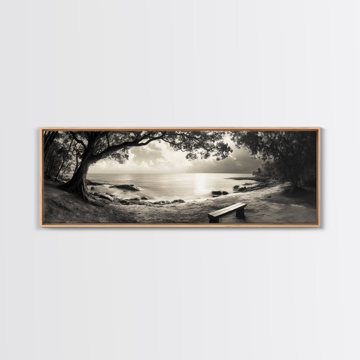 Serene Bench, Ocean View, Tropical Shoreline, Framed Canvas Print, Tranquil Beach Art, Entryway Decor, Nature Photography Wall Art