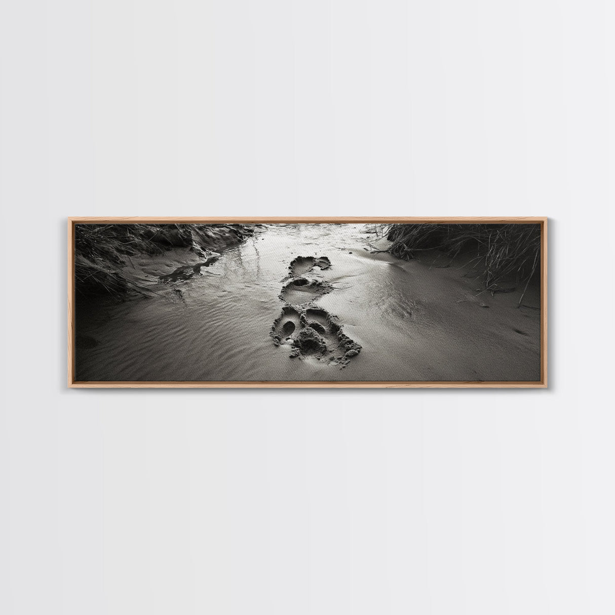 Footprints in Sand, Nature Pathway, Tranquil Stream, Framed Canvas Print, Mindful Journey Art, Rustic Entryway Wall Photography