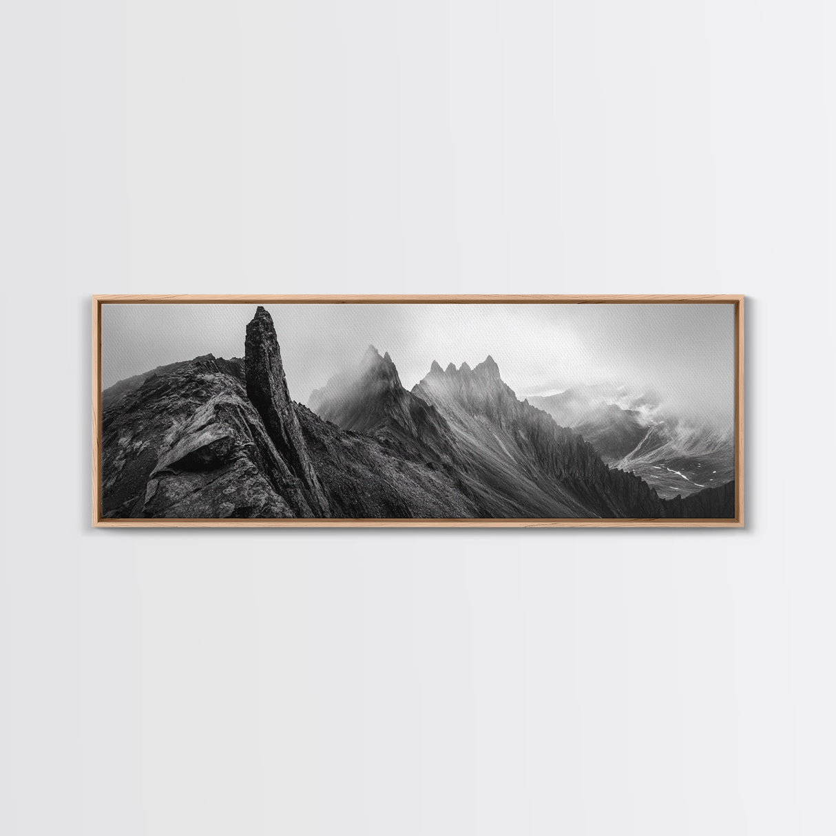 Jagged Peaks, Foggy Mountains, Dramatic Range, Canvas Print, Monochrome Wilderness Art, Office or Cabin Wall Decor, Adventure Style