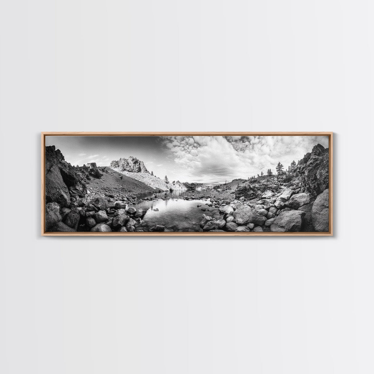 Rocky Lake, Wilderness Reflection, Mountain Calm, Framed Canvas Print, Cabin Nature Wall Art, Rustic Home Decor, Adventure Photography