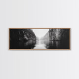 Misty Canyon, River Passage, Tranquil Adventure, Canvas Print, Nature Escape Wall Art, Zen Office Decor, Moody Black and White Style