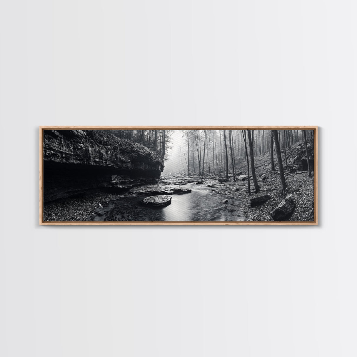 Misty River, Tranquil Forest, Autumn Nature, Monochrome Photography, Framed Canvas Print, Bedroom Wall Art, Rustic Decor, Minimalist Style