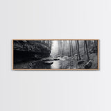 Misty River, Tranquil Forest, Autumn Nature, Monochrome Photography, Framed Canvas Print, Bedroom Wall Art, Rustic Decor, Minimalist Style