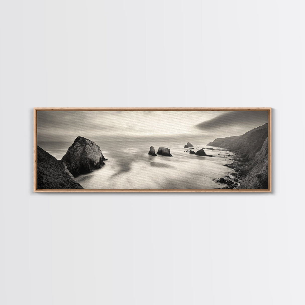 Rocky Coastline, Ocean Cliffs, Soft Waves, Long Exposure Landscape, Framed Canvas Print, Nautical Wall Art, Calm Living Room Decor