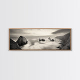 Rocky Coastline, Ocean Cliffs, Soft Waves, Long Exposure Landscape, Framed Canvas Print, Nautical Wall Art, Calm Living Room Decor