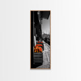 Orange Crates, Market Scene, Harbor View, Urban Life – Framed Canvas Print, Kitchen Wall Art, Rustic Market Decor, Fall City Aesthetic