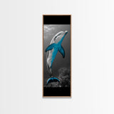 Blue Dolphin, Ocean Glow, Underwater Life, Sea Creature – Framed Canvas Print, Bathroom Wall Art, Coastal Decor, Marine Animal Art