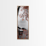 Autumn Leaves, Lakeside Bench, Quiet Moments, Foggy Morning, Framed Canvas Print, Cozy Fall Wall Art, Tranquil Living Room Decor
