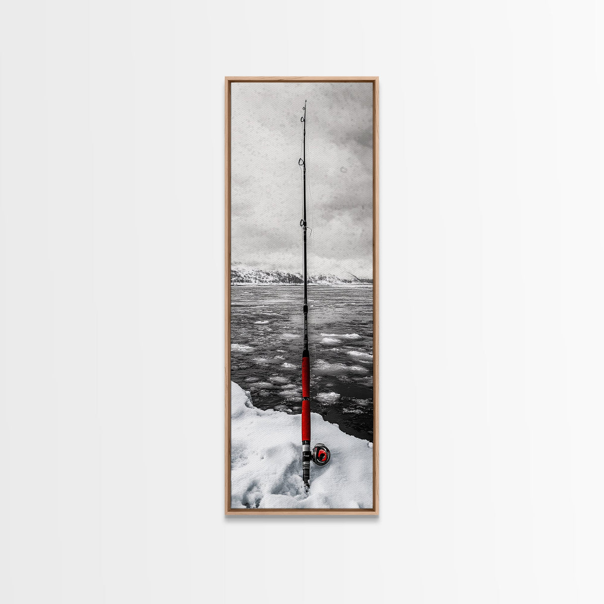 Ice Fishing Rod, Snow Adventure, Winter Sport, Framed Canvas Print, Man Cave Decor, Rustic Cabin Wall Art, Outdoor Lifestyle Photography
