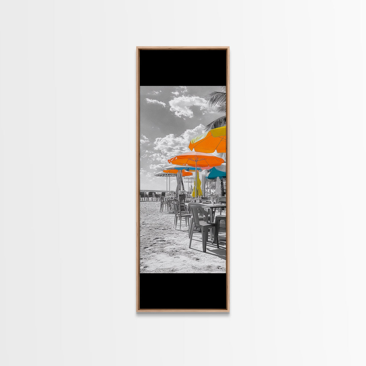 Beach Umbrellas, Seaside Dining, Summer Vibes, Framed Canvas Print, Tropical Kitchen Wall Art, Bright Coastal Decor, Boho Summer Style