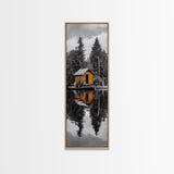 Lake Cabin, Reflection Serenity, Forest Escape, Framed Canvas Print, Nature Wall Art, Rustic Lodge Decor, Cabin Living Room Inspiration
