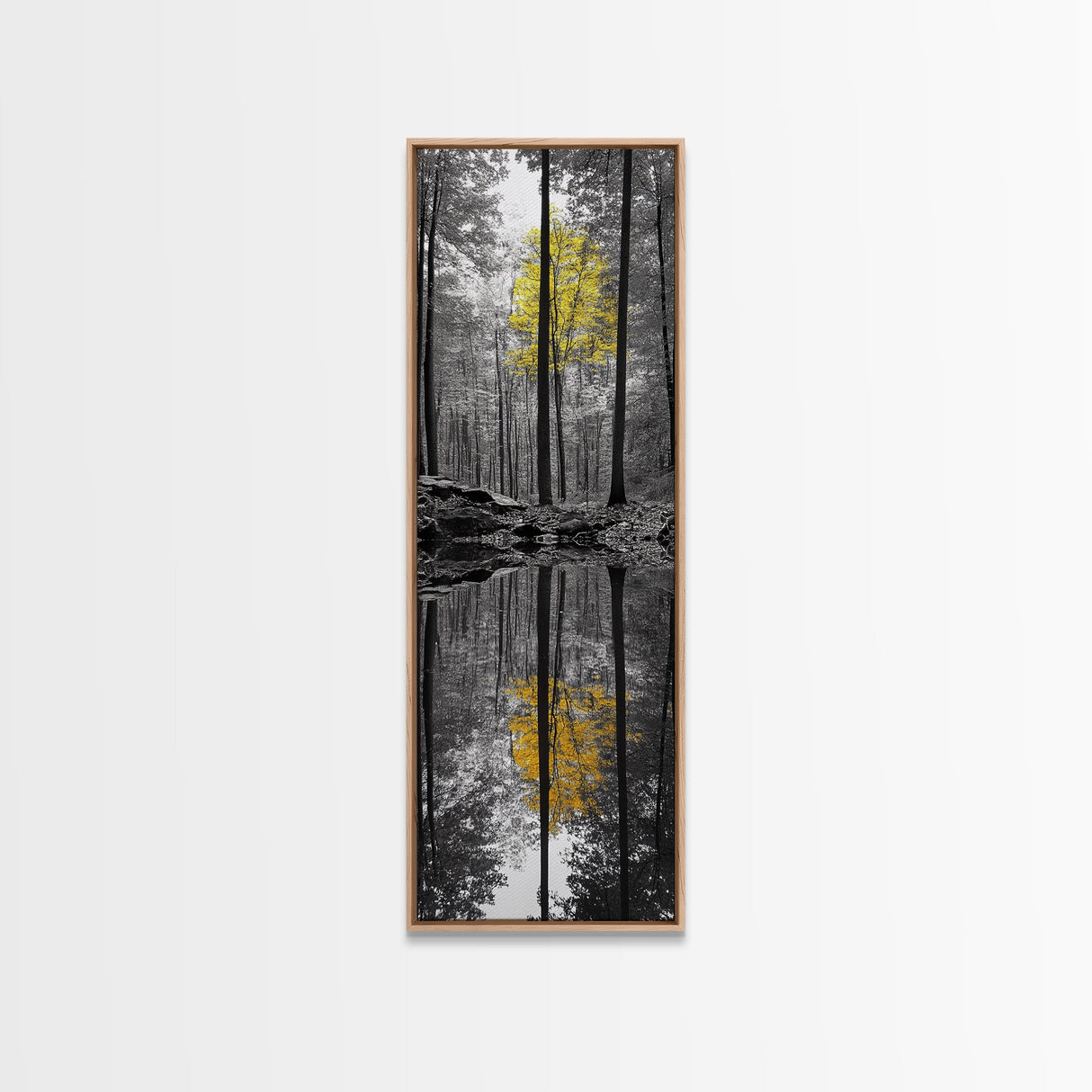 Yellow Tree, Autumn Woods, Forest Reflection, Nature Glow, Framed Canvas Print, Fall Wall Art, Rustic Decor, Cabin Art, Earthy Tones