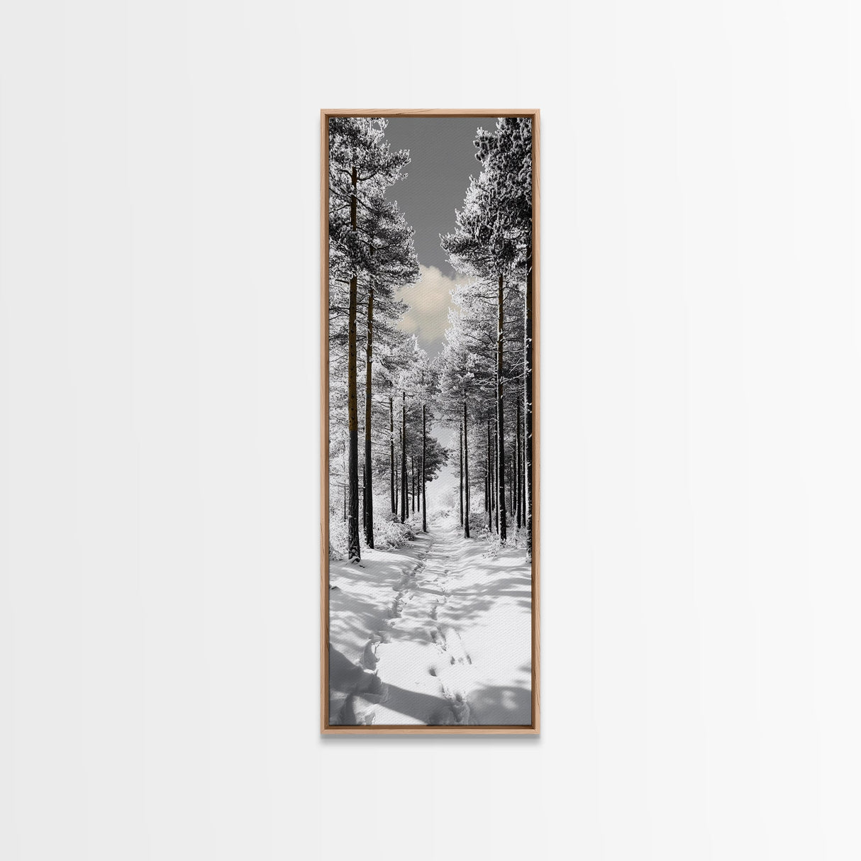Snow Path, Winter Forest, Frosty Pines, Silent Trail, Framed Canvas Print, Christmas Wall Art, Cabin Decor, Nordic Winter Scene