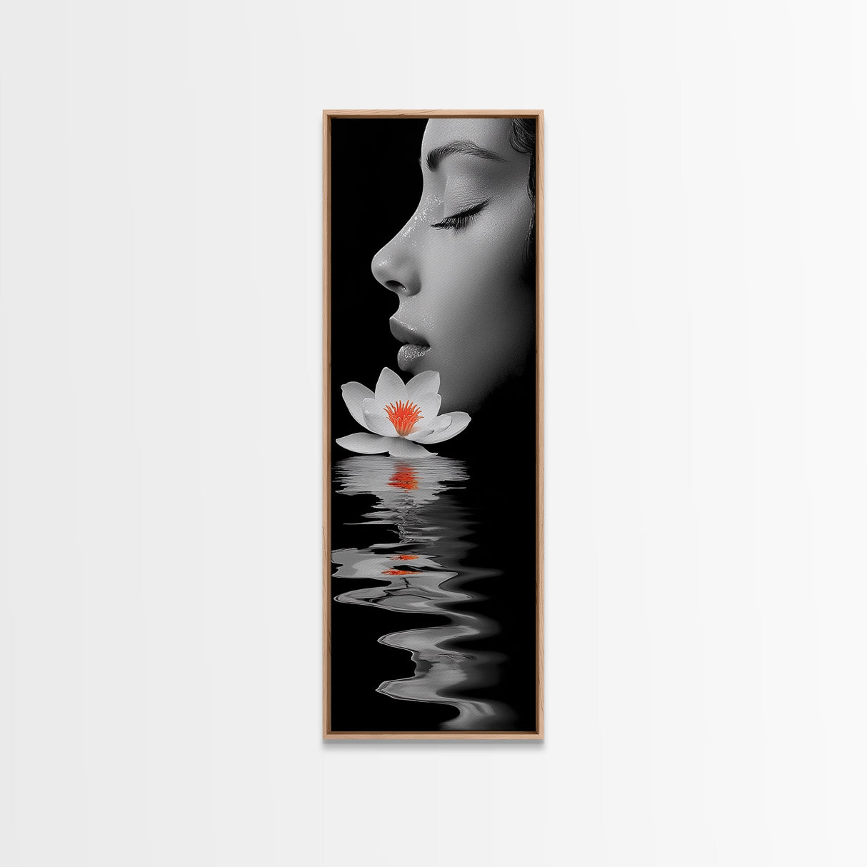 Lotus Beauty, Reflection Art, Feminine Calm, Elegant Profile, Framed Canvas Print, Spa Wall Art, Zen Decor, Minimalist Bathroom Art