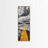 Yellow Road Line, Moody Highway, Stormy Skies, Monochrome Vibes, Framed Canvas Print, Modern Office Art, Minimalist Photography Decor
