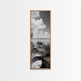 Monochrome Boat Lake, Peaceful Dockside, Still Waters, Minimal Calm, Framed Canvas Print, Bedroom Wall Art, Black White Photography