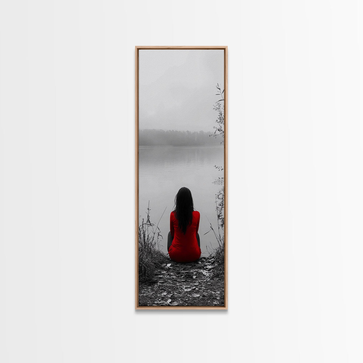 Solitude Reflection, Red Dress Woman, Tranquil Mood, Autumn Lake Scene, Framed Canvas Print, Mindful Art, Bedroom Wall Decor