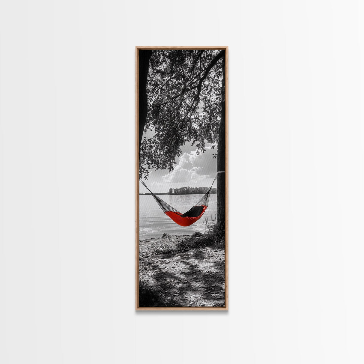 Red Hammock Escape, Nature Lake Art, Serene Moment, Outdoor Vibes, Framed Canvas Print Rustic Bedroom Wall Art, Minimalist Landscape