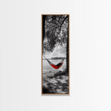 Red Hammock Escape, Nature Lake Art, Serene Moment, Outdoor Vibes, Framed Canvas Print Rustic Bedroom Wall Art, Minimalist Landscape