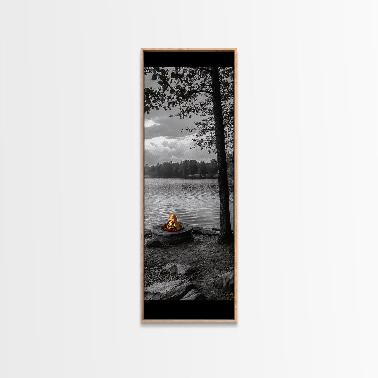 Autumn Campfire Scene, Cozy Outdoors, Fall Evening Glow, Lakeside Calm, Framed Canvas Print Cabin Decor, Living Room Autumn Wall Art