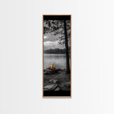 Autumn Campfire Scene, Cozy Outdoors, Fall Evening Glow, Lakeside Calm, Framed Canvas Print Cabin Decor, Living Room Autumn Wall Art