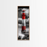 Red Lighthouse Storm, Coastal Beacon Art, Dramatic Seascape, Nautical Scene, Framed Canvas Print Living Room Wall Art, Moody Decor