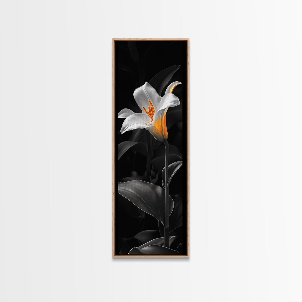 White Lily Bloom, Moody Flower Art, Dark Botanical, Elegant Glow, Framed Canvas Print Bedroom Wall Art, Modern Floral Minimalist