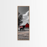 Red Barn, Black Horse, Country Charm, Rustic Farm Framed Canvas Print, farmhouse wall decor, autumn art, rustic bedroom wall art