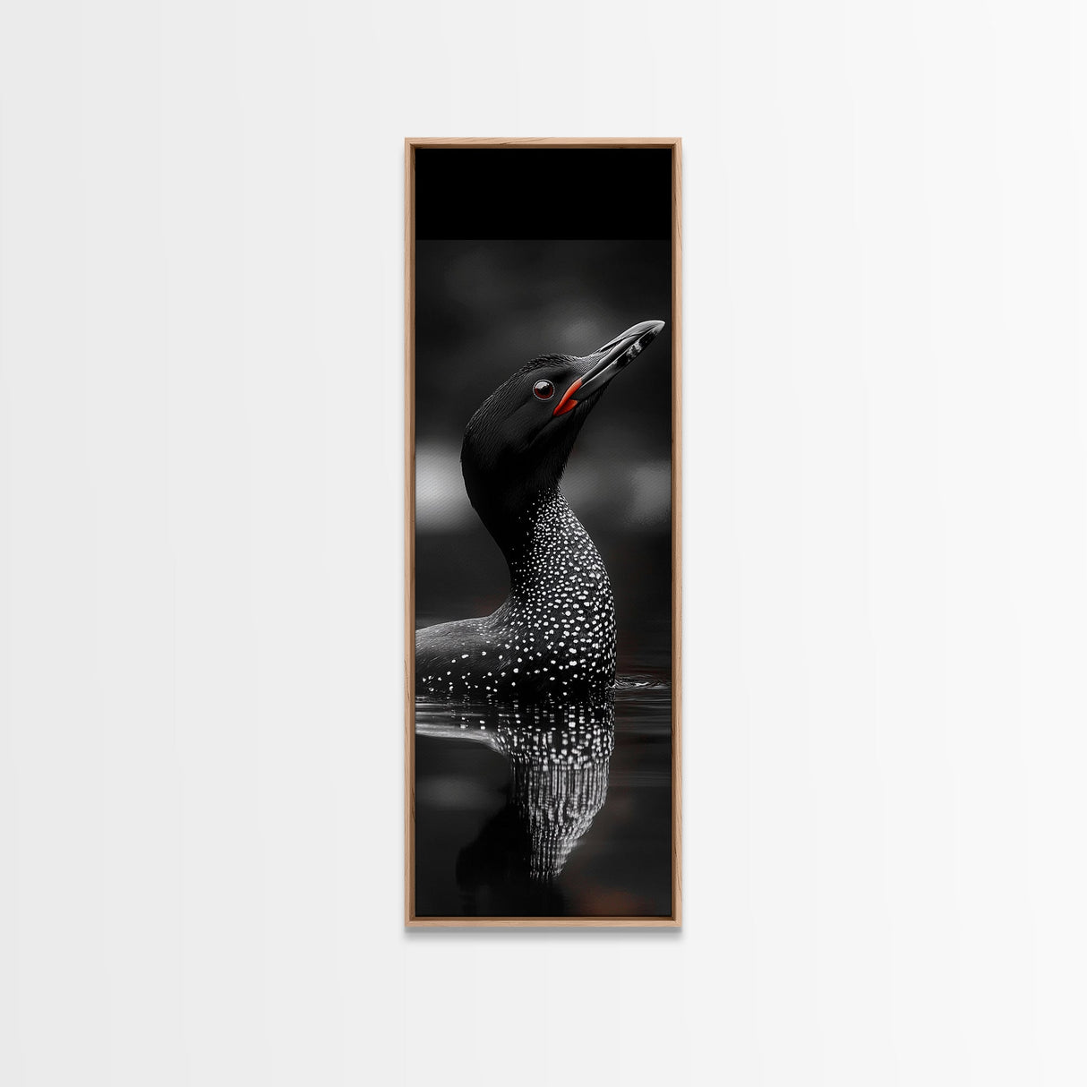Loon Bird, Red Eye, Monochrome Wildlife, Nature Framed Canvas Print, modern living room wall art, black and white animal art