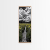 Yellow Field, Mountain Trail, Alpine Meadow, Bright Sky Framed Canvas Print, nature lover gift, landscape wall decor, cabin wall art