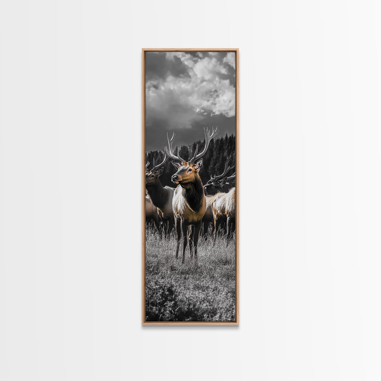 Majestic Elk, Forest Wildlife, Autumn Scene, Nature Herd, Framed Canvas Print, rustic lodge decor, cabin wall art, woodland style