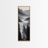 Foggy Mountains, Pine Forest, Valley Mist, Calm Landscape, Canvas Print, entryway wall art, cozy cabin vibes, grayscale art style