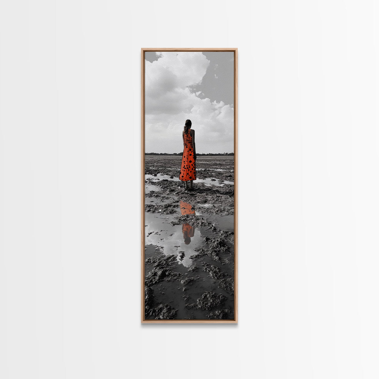 Solitary Woman, Polka Dot Dress, Reflected Mood, Framed Canvas Print, Surreal Fine Art, Bedroom Wall Art, Contemporary Minimalist Style